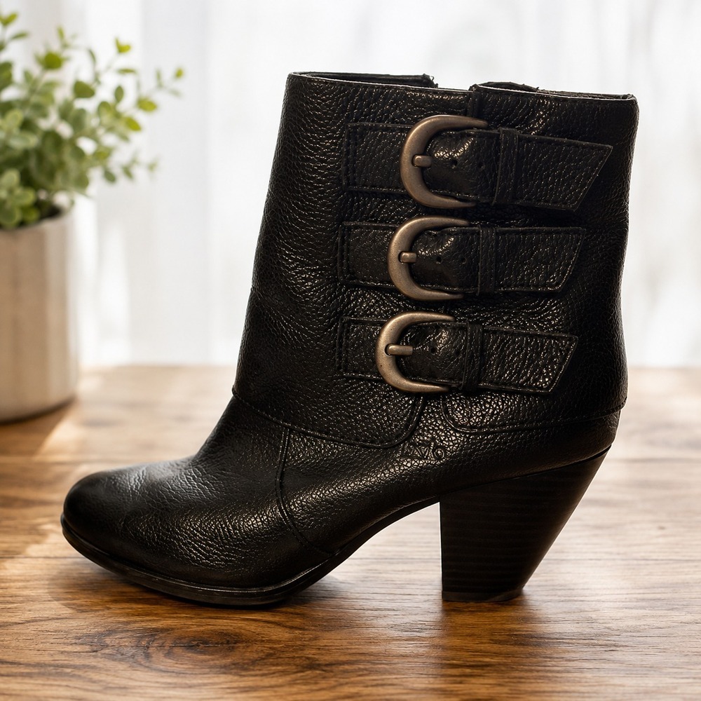Women's Black Leather Ankle Boots Size 6 Triple Buckle Block Heel Booties+